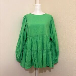 American Holic Green Tiered Babydoll Long Balloon Sleeve Top M Tiered Boho